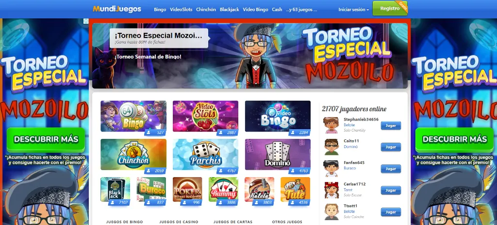 MundiJuegos Torneo Especial Mozoilo con bingo, slots y juegos de cartas.